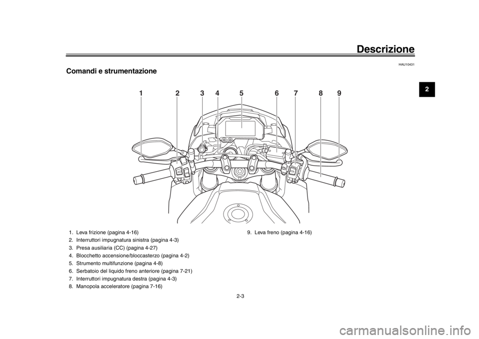 YAMAHA MT-10 2019 Manuale duso (in Italian) Descrizione
2-3
123
4
5
6
7
8
9
10
11
12
HAU10431
Comandi e strumentazione
12 456789
3
1. Leva frizione (pagina 4-16)
2. Interruttori impugnatura sinistra (pagina 4-3)
3. Presa ausiliaria (CC) (pagina YAMAHA MT-10 2019 Manuale duso (in Italian) Descrizione
2-3
123
4
5
6
7
8
9
10
11
12
HAU10431
Comandi e strumentazione
12 456789
3
1. Leva frizione (pagina 4-16)
2. Interruttori impugnatura sinistra (pagina 4-3)
3. Presa ausiliaria (CC) (pagina
