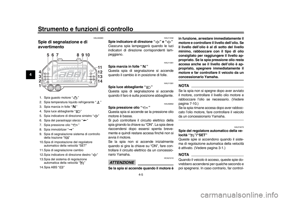 YAMAHA MT-10 2018  Manuale duso (in Italian) Strumento e funzioni di controllo
4-5
1
2
34
5
6
7
8
9
10
11
12
HAU4939D
Spie di segnalazione e di 
avvertimento
HAU11032
Spie indicatore di direzione “ ” e “ ”
Ciascuna spia lampeggerà quand