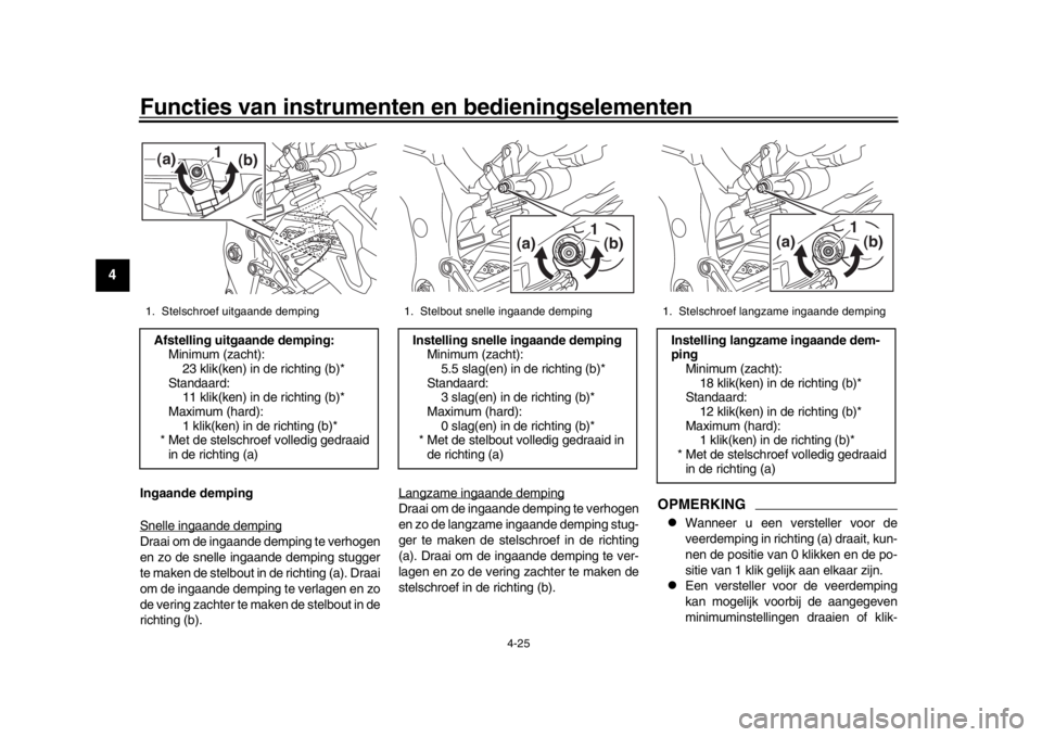 YAMAHA MT-10 2018 Instructieboekje (in Dutch) Functies van instrumenten en bedieningselementen
4-25
1
2
34
5
6
7
8
9
10
11
12
Ingaande demping
Snelle ingaande dempingDraai om de ingaande demping te verhogen
en zo de snelle ingaande demping stugge YAMAHA MT-10 2018 Instructieboekje (in Dutch) Functies van instrumenten en bedieningselementen
4-25
1
2
34
5
6
7
8
9
10
11
12
Ingaande demping
Snelle ingaande dempingDraai om de ingaande demping te verhogen
en zo de snelle ingaande demping stugge