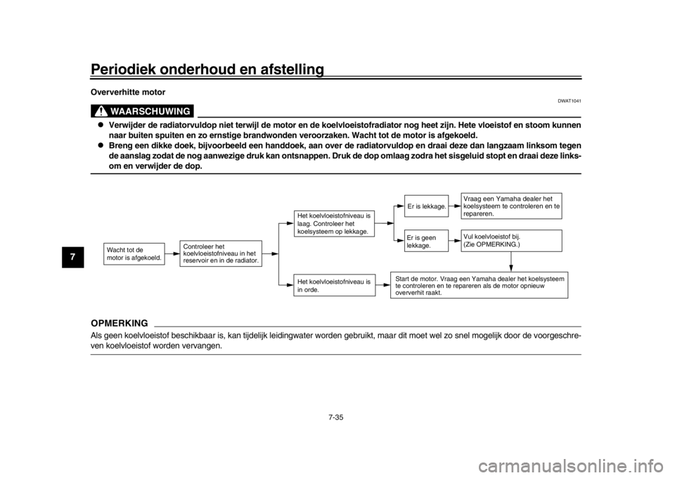 YAMAHA MT-10 2018 Instructieboekje (in Dutch) Periodiek onderhoud en afstelling
7-35
1
2
3
4
5
67
8
9
10
11
12
Oververhitte motor
WAARSCHUWING
DWAT1041
Verwijder de radiatorvuldop niet terwijl de motor en de koelvloeistofradiator nog heet zi YAMAHA MT-10 2018 Instructieboekje (in Dutch) Periodiek onderhoud en afstelling
7-35
1
2
3
4
5
67
8
9
10
11
12
Oververhitte motor
WAARSCHUWING
DWAT1041
Verwijder de radiatorvuldop niet terwijl de motor en de koelvloeistofradiator nog heet zi