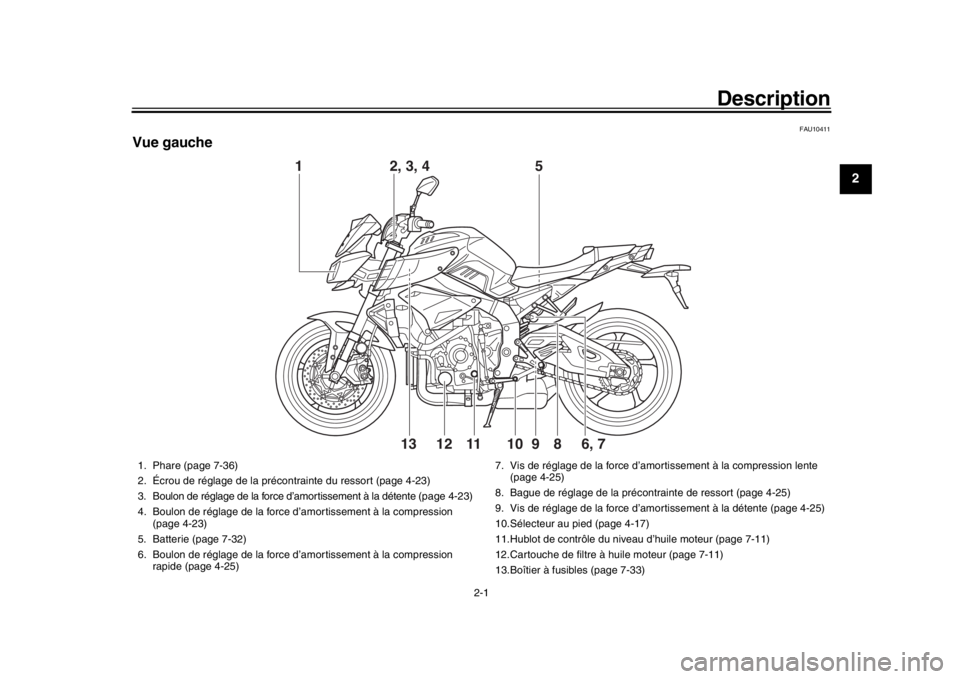 YAMAHA MT-10 2017 Notices Demploi (in French) 2-1
123
4
5
6
7
8
9
10
11
12
Description
FAU10411
Vue gauche
1
6, 7
2, 3, 4 5
98
10
11
1213
1. Phare (page 7-36)
2. Écrou de réglage de la précontrainte du ressort (page 4-23)
3. Boulon de réglage YAMAHA MT-10 2017 Notices Demploi (in French) 2-1
123
4
5
6
7
8
9
10
11
12
Description
FAU10411
Vue gauche
1
6, 7
2, 3, 4 5
98
10
11
1213
1. Phare (page 7-36)
2. Écrou de réglage de la précontrainte du ressort (page 4-23)
3. Boulon de réglage