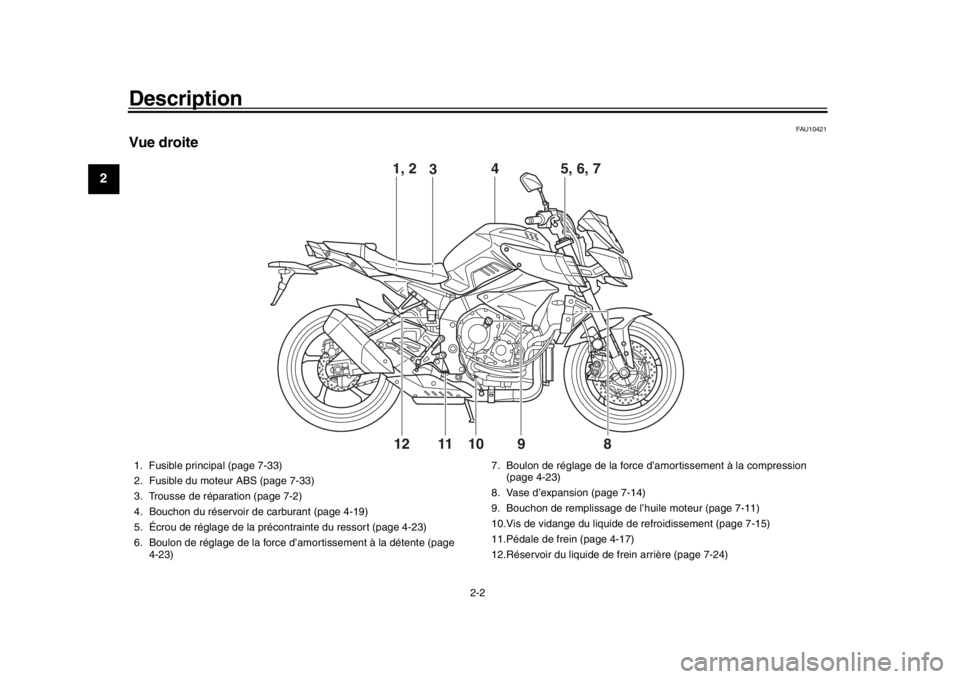 YAMAHA MT-10 2017 Notices Demploi (in French) Description
2-2
12
3
4
5
6
7
8
9
10
11
12
FAU10421
Vue droite
9
11 1 0
12 8
1, 2
4
3
5, 6, 7
1. Fusible principal (page 7-33)
2. Fusible du moteur ABS (page 7-33)
3. Trousse de réparation (page 7-2)
YAMAHA MT-10 2017 Notices Demploi (in French) Description
2-2
12
3
4
5
6
7
8
9
10
11
12
FAU10421
Vue droite
9
11 1 0
12 8
1, 2
4
3
5, 6, 7
1. Fusible principal (page 7-33)
2. Fusible du moteur ABS (page 7-33)
3. Trousse de réparation (page 7-2)