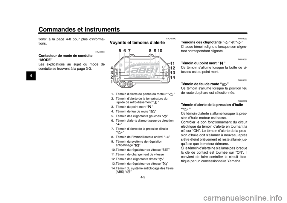 YAMAHA MT-10 2017  Notices Demploi (in French) Commandes et instruments
4-5
1
2
34
5
6
7
8
9
10
11
12
tions” à la page 4-8 pour plus d’informa-
tions.
FAU73931
Contacteur de mode de conduite 
“MODE”
Les explications au sujet du mode de
co
