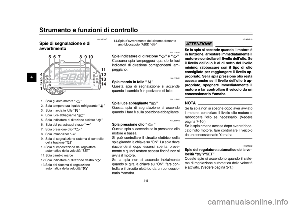 YAMAHA MT-10 2017  Manuale duso (in Italian) Strumento e funzioni di controllo
4-5
1
2
34
5
6
7
8
9
10
11
12
HAU4939C
Spie di segnalazione e di 
avvertimento
HAU11032
Spie indicatore di direzione “ ” e “ ”
Ciascuna spia lampeggerà quand