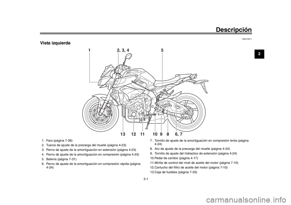 YAMAHA MT-10 2016 Manuale de Empleo (in Spanish) 2-1
123
4
5
6
7
8
9
10
11
12
Descripción
SAU10411
Vista izquierda
1
6, 7
2, 3, 4 5
98
10
11
1213
1. Faro (página 7-36)
2. Tuerca de ajuste de la precarga del muelle (página 4-23)
3. Perno de ajuste YAMAHA MT-10 2016 Manuale de Empleo (in Spanish) 2-1
123
4
5
6
7
8
9
10
11
12
Descripción
SAU10411
Vista izquierda
1
6, 7
2, 3, 4 5
98
10
11
1213
1. Faro (página 7-36)
2. Tuerca de ajuste de la precarga del muelle (página 4-23)
3. Perno de ajuste