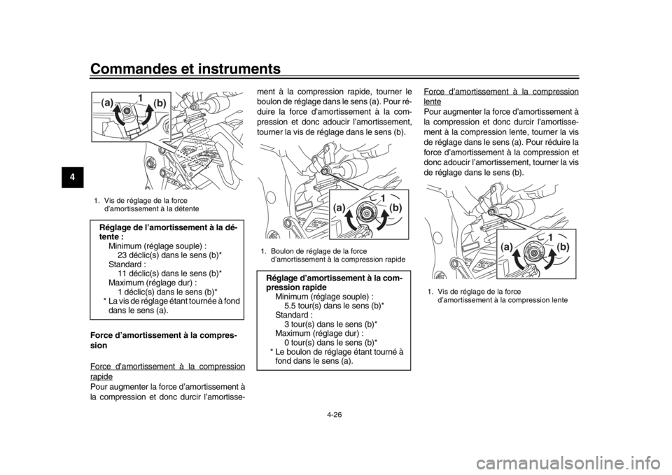 YAMAHA MT-10 2016 Notices Demploi (in French) Commandes et instruments
4-26
1
2
34
5
6
7
8
9
10
11
12
Force d’amortissement à la compres-
sion
Force d’amortissement à la compressionrapidePour augmenter la force d’amortissement à
la compr YAMAHA MT-10 2016 Notices Demploi (in French) Commandes et instruments
4-26
1
2
34
5
6
7
8
9
10
11
12
Force d’amortissement à la compres-
sion
Force d’amortissement à la compressionrapidePour augmenter la force d’amortissement à
la compr