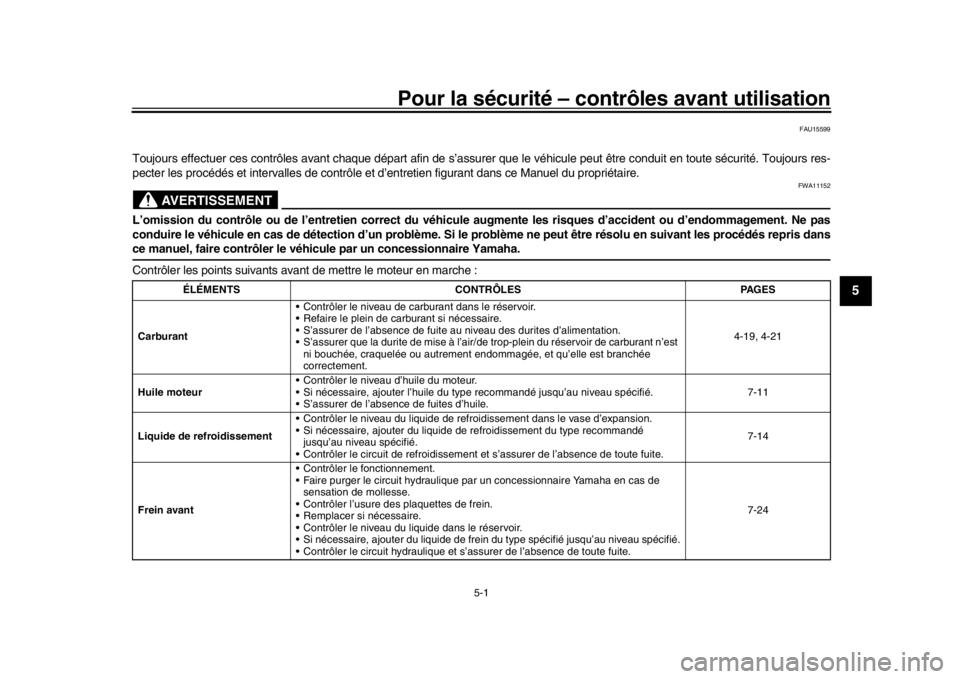 YAMAHA MT-10 2016 Notices Demploi (in French) 5-1
1
2
3
456
7
8
9
10
11
12
Pour la sécurité – contrôles avant utilisation
FAU15599
Toujours effectuer ces contrôles avant chaque départ afin de s’a ssurer que le véhicule peut être condui YAMAHA MT-10 2016 Notices Demploi (in French) 5-1
1
2
3
456
7
8
9
10
11
12
Pour la sécurité – contrôles avant utilisation
FAU15599
Toujours effectuer ces contrôles avant chaque départ afin de s’a ssurer que le véhicule peut être condui