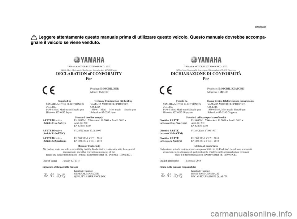 YAMAHA MT-10 2016  Manuale duso (in Italian) HAU70090
Leggere attentamente questo manuale prima di utilizzare questo veicolo. Questo manuale dovrebbe accompa-
gnare il veicolo se viene venduto.
Date of issue:
Signature of Responsible Person: Jan