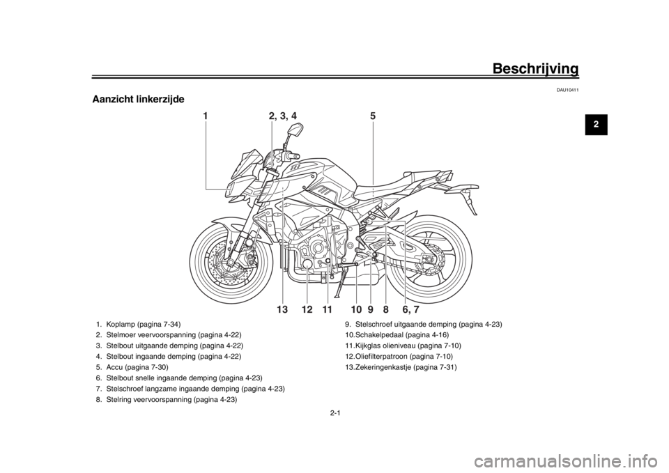 YAMAHA MT-10 2016 Instructieboekje (in Dutch) 2-1
123
4
5
6
7
8
9
10
11
12
Beschrijving
DAU10411
Aanzicht linkerzijde
1
6, 7
2, 3, 4 5
98
10
11
1213
1. Koplamp (pagina 7-34)
2. Stelmoer veervoorspanning (pagina 4-22)
3. Stelbout uitgaande demping YAMAHA MT-10 2016 Instructieboekje (in Dutch) 2-1
123
4
5
6
7
8
9
10
11
12
Beschrijving
DAU10411
Aanzicht linkerzijde
1
6, 7
2, 3, 4 5
98
10
11
1213
1. Koplamp (pagina 7-34)
2. Stelmoer veervoorspanning (pagina 4-22)
3. Stelbout uitgaande demping