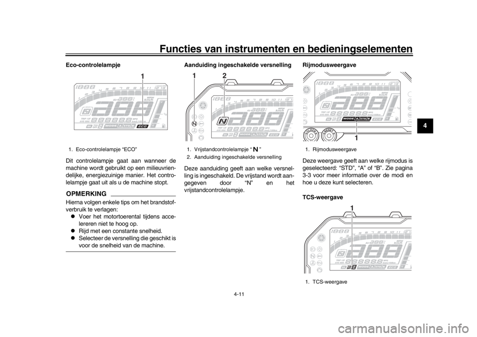 YAMAHA MT-10 2016  Instructieboekje (in Dutch) Functies van instrumenten en bedieningselementen
4-11
1
2
345
6
7
8
9
10
11
12
Eco-controlelampje
Dit controlelampje gaat aan wanneer de
machine wordt gebruikt op een milieuvrien-
delijke, energiezuin