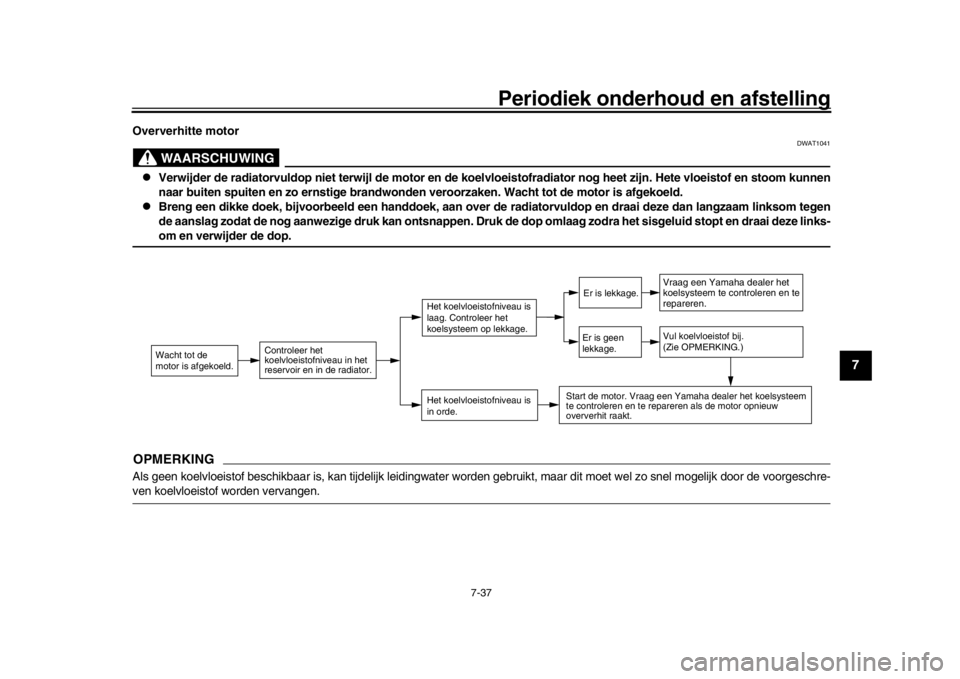 YAMAHA MT-10 2016 Instructieboekje (in Dutch) Periodiek onderhoud en afstelling
7-37
1
2
3
4
5
678
9
10
11
12
Oververhitte motor
WAARSCHUWING
DWAT1041
Verwijder de radiatorvuldop niet terwijl de motor en de koel vloeistofradiator nog heet zij YAMAHA MT-10 2016 Instructieboekje (in Dutch) Periodiek onderhoud en afstelling
7-37
1
2
3
4
5
678
9
10
11
12
Oververhitte motor
WAARSCHUWING
DWAT1041
Verwijder de radiatorvuldop niet terwijl de motor en de koel vloeistofradiator nog heet zij