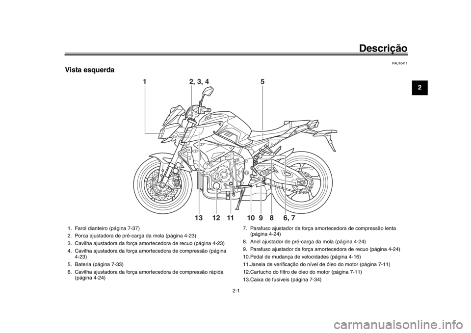 YAMAHA MT-10 2016 Manual de utilização (in Portuguese) 2-1
123
4
5
6
7
8
9
10
11
12
Descrição
PAU10411
Vista esquerda
1
6, 7
2, 3, 4 5
98
10
11
1213
1. Farol dianteiro (página 7-37)
2. Porca ajustadora de pré-carga da mola (página 4-23)
3. Cavilha aj YAMAHA MT-10 2016 Manual de utilização (in Portuguese) 2-1
123
4
5
6
7
8
9
10
11
12
Descrição
PAU10411
Vista esquerda
1
6, 7
2, 3, 4 5
98
10
11
1213
1. Farol dianteiro (página 7-37)
2. Porca ajustadora de pré-carga da mola (página 4-23)
3. Cavilha aj