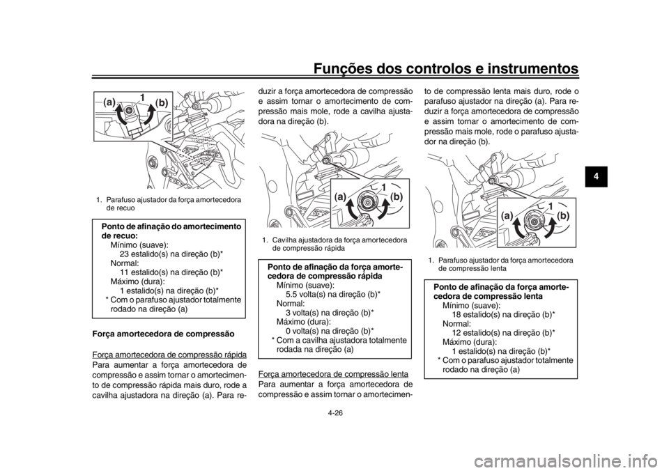YAMAHA MT-10 2016 Manual de utilização (in Portuguese) Funções dos controlos e instrumentos
4-26
1
2
345
6
7
8
9
10
11
12
Força amortecedora de compressão
Força amortecedora de compressão rápidaPara aumentar a força amortecedora de
compressão e a YAMAHA MT-10 2016 Manual de utilização (in Portuguese) Funções dos controlos e instrumentos
4-26
1
2
345
6
7
8
9
10
11
12
Força amortecedora de compressão
Força amortecedora de compressão rápidaPara aumentar a força amortecedora de
compressão e a