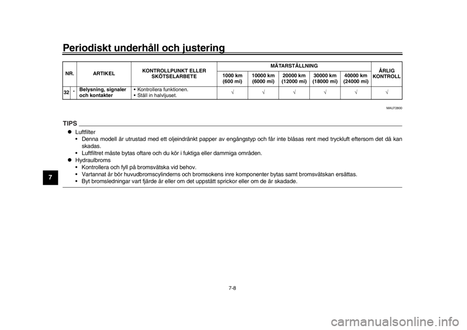YAMAHA MT-10 2016  Bruksanvisningar (in Swedish) Periodiskt underhåll och justering
7-8
1
2
3
4
5
67
8
9
10
11
12
MAU72800
TIPS
Luftfilter
 Denna modell är utrustad med ett oljeindränkt papper av engångstyp och får inte blåsas rent med tryc