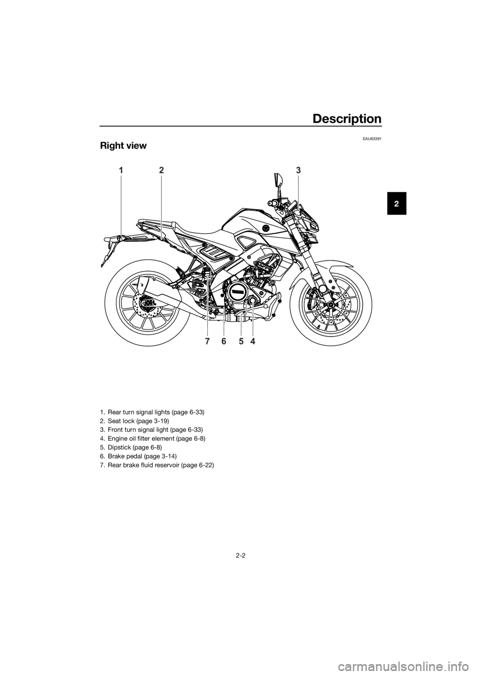 YAMAHA MT-125 2020  Owners Manual Description
2-2
2
EAU63391
Right view
123
4567
1. Rear turn signal lights (page 6-33)
2. Seat lock (page 3-19)
3. Front turn signal light (page 6-33)
4. Engine oil filter element (page 6-8)
5. Dipstic