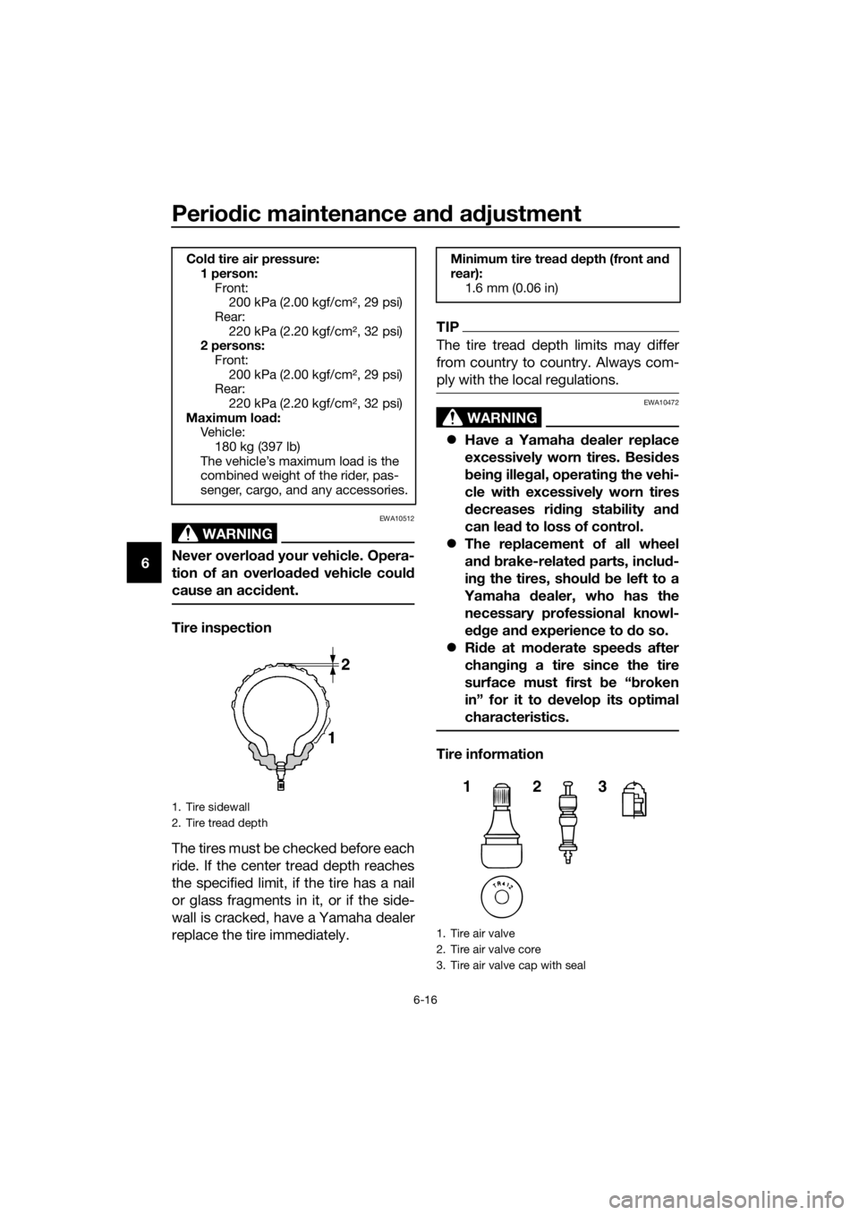 YAMAHA MT-125 2020  Owners Manual Periodic maintenance and adjustment
6-16
6
WARNING
EWA10512
Never overload your vehicle. Opera-
tion of an overloaded vehicle could
cause an accident.
Tire inspection
The tires must be checked before 