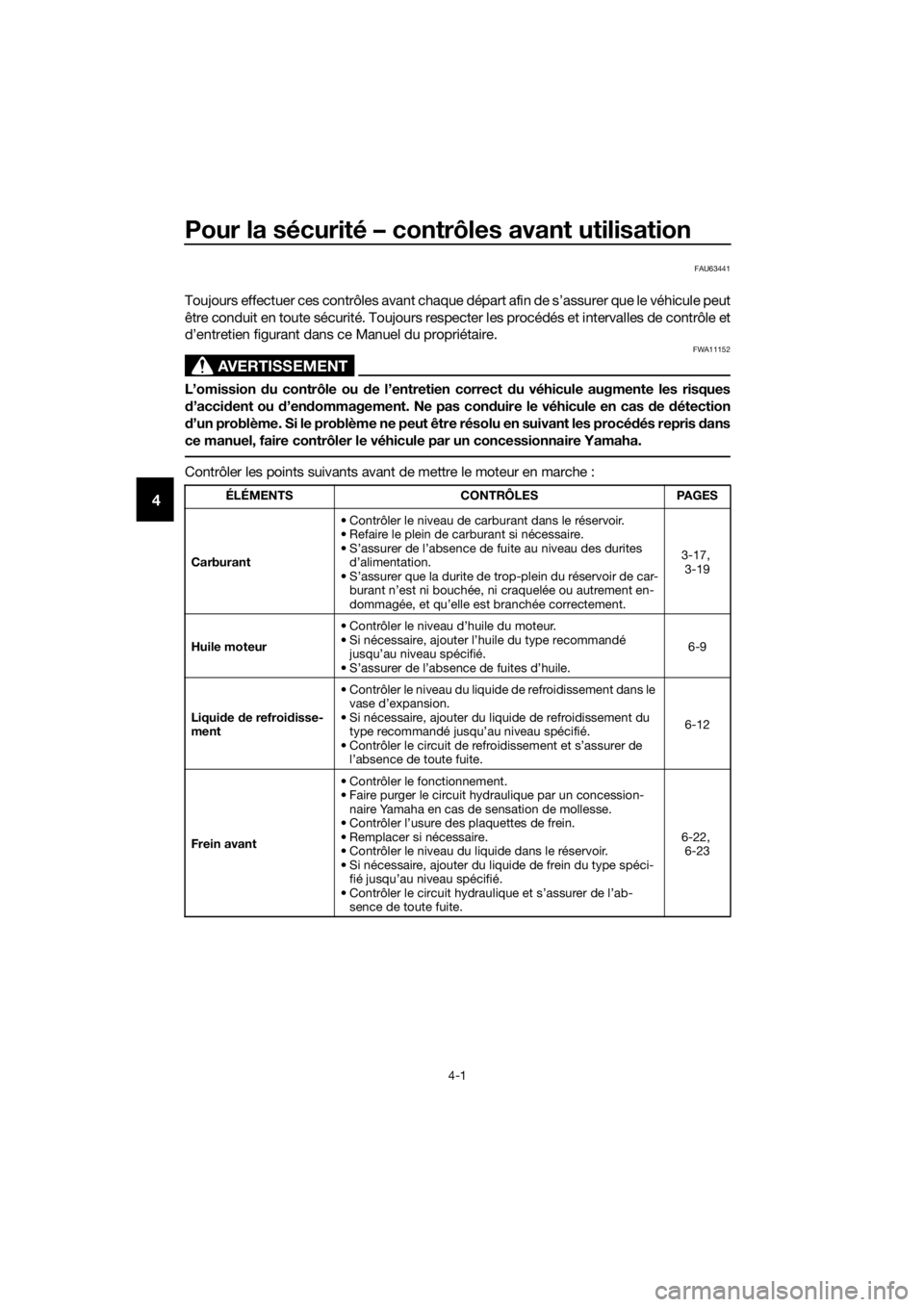 YAMAHA MT-125 2020 Notices Demploi (in French) Pour la sécurité – contrôles avant utilisation
4-1
4
FAU63441
Toujours effectuer ces contrôles avant chaque départ afin de s’assurer que le véhicule peut
être conduit en toute sécurité. T YAMAHA MT-125 2020 Notices Demploi (in French) Pour la sécurité – contrôles avant utilisation
4-1
4
FAU63441
Toujours effectuer ces contrôles avant chaque départ afin de s’assurer que le véhicule peut
être conduit en toute sécurité. T