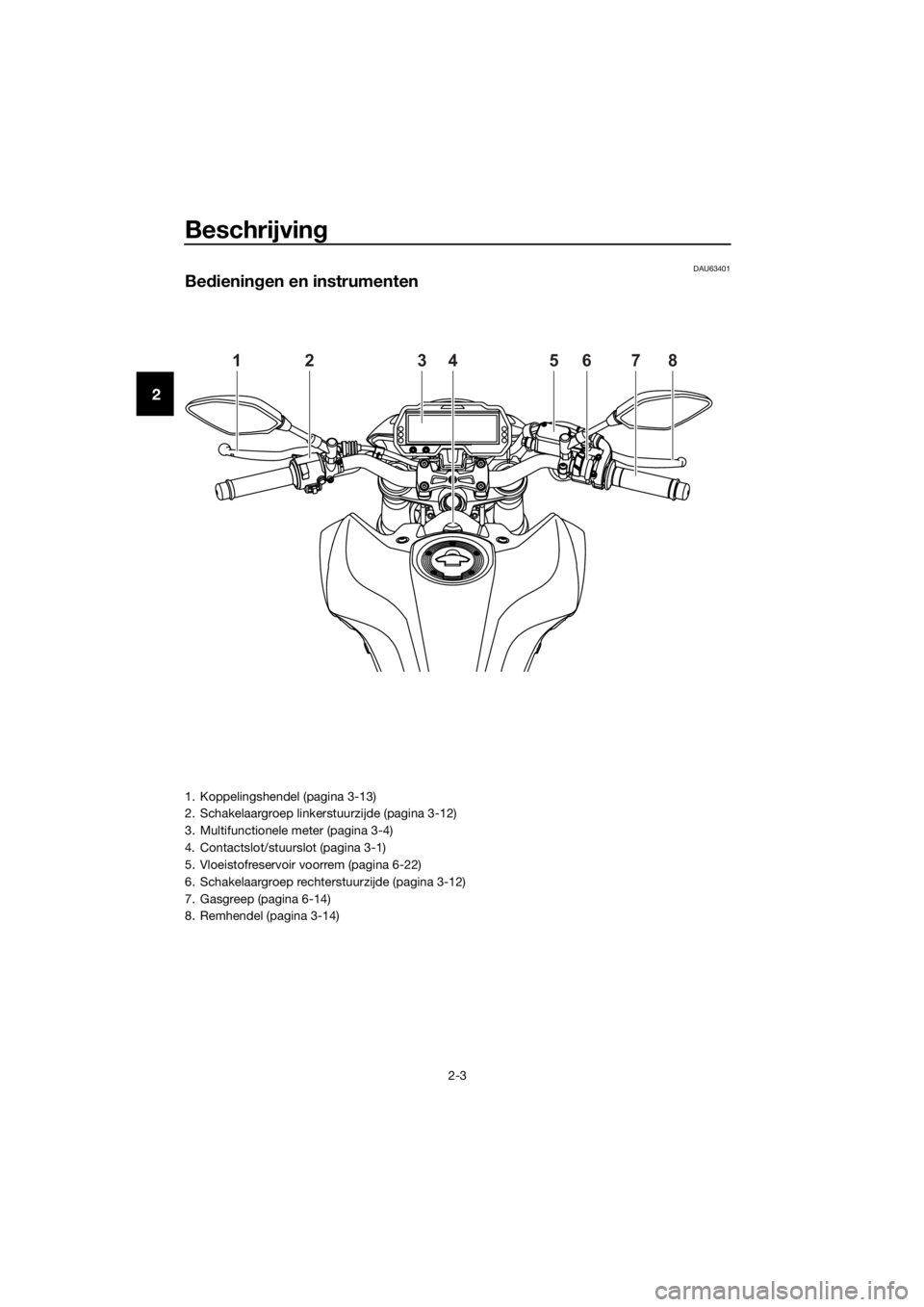 YAMAHA MT-125 2020 Instructieboekje (in Dutch) Beschrijving
2-3
2
DAU63401
Bedieningen en instrumenten
12345678
1. Koppelingshendel (pagina 3-13)
2. Schakelaargroep linkerstuurzijde (pagina 3-12)
3. Multifunctionele meter (pagina 3-4)
4. Contactsl YAMAHA MT-125 2020 Instructieboekje (in Dutch) Beschrijving
2-3
2
DAU63401
Bedieningen en instrumenten
12345678
1. Koppelingshendel (pagina 3-13)
2. Schakelaargroep linkerstuurzijde (pagina 3-12)
3. Multifunctionele meter (pagina 3-4)
4. Contactsl