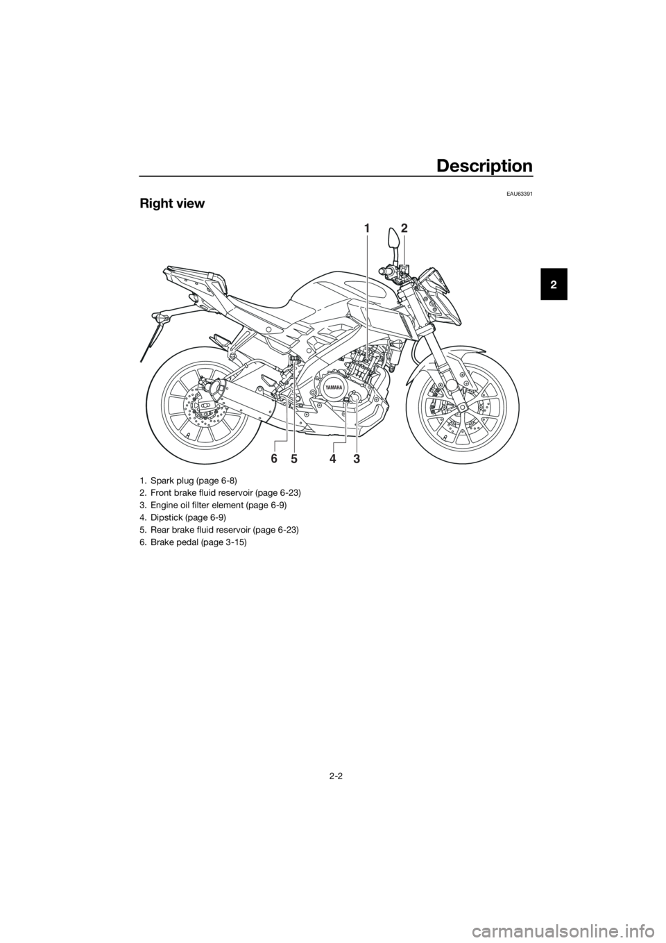 YAMAHA MT-125 2018 Owners Manual Description
2-2
2
EAU63391
Right view
YAMAHA
12
3546
1. Spark plug (page 6-8)
2. Front brake fluid reservoir (page 6-23)
3. Engine oil filter element (page 6-9)
4. Dipstick (page 6-9)
5. Rear brake fl YAMAHA MT-125 2018 Owners Manual Description
2-2
2
EAU63391
Right view
YAMAHA
12
3546
1. Spark plug (page 6-8)
2. Front brake fluid reservoir (page 6-23)
3. Engine oil filter element (page 6-9)
4. Dipstick (page 6-9)
5. Rear brake fl