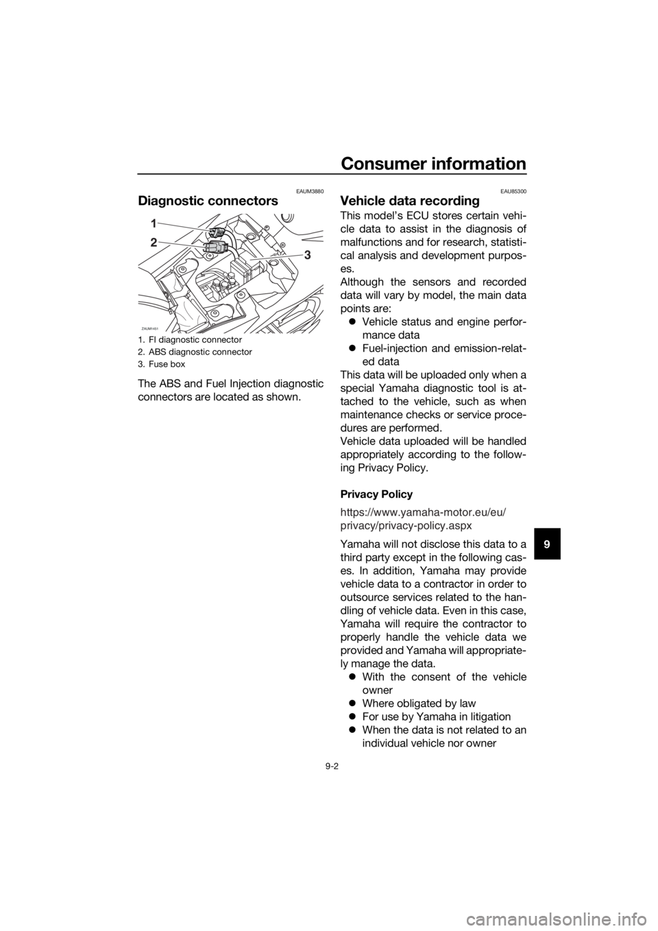 YAMAHA MT-125 2018  Owners Manual Consumer information
9-2
9
EAUM3880
Diagnostic connectors
The ABS and Fuel Injection diagnostic
connectors are located as shown.
EAU85300
Vehicle data recording
This model’s ECU stores certain vehi-