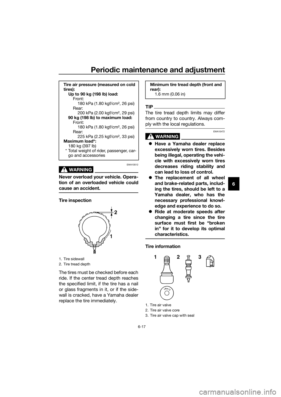 YAMAHA MT-125 2016 Owners Manual Periodic maintenance and adjustment
6-17
6
WARNING
EWA10512
Never overload your vehicle. Opera-
tion of an overloaded vehicle could
cause an accident.
Tire inspection
The tires must be checked before YAMAHA MT-125 2016 Owners Manual Periodic maintenance and adjustment
6-17
6
WARNING
EWA10512
Never overload your vehicle. Opera-
tion of an overloaded vehicle could
cause an accident.
Tire inspection
The tires must be checked before