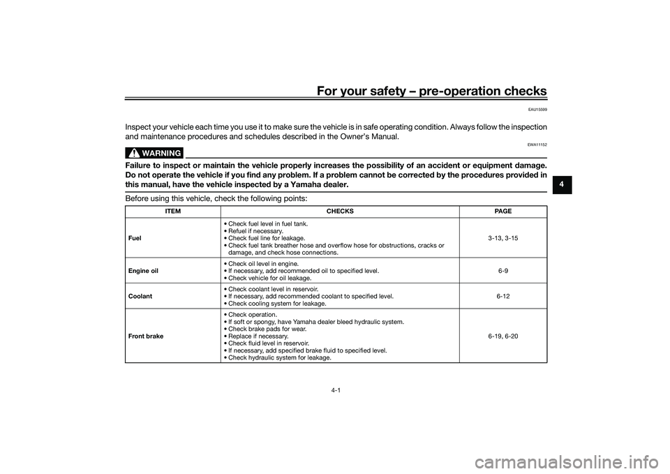 YAMAHA MT-25 2016  Owners Manual For your safety – pre-operation checks
4-1
4
EAU15599
Inspect your vehicle each time you use it to make sure the vehicle is in safe operating condition. Always follow the inspection
and maintenance 