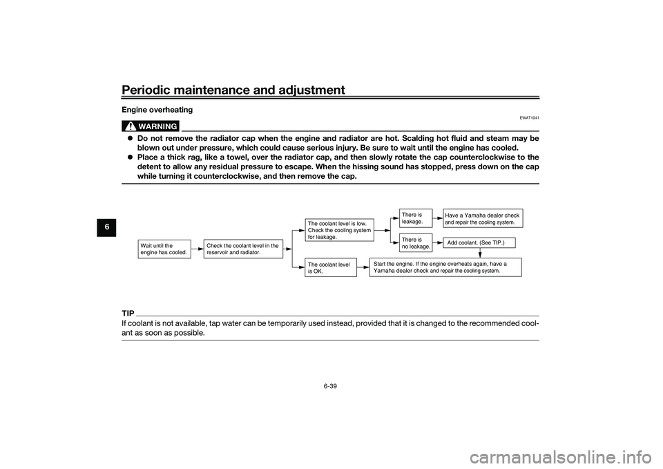 YAMAHA MT-25 2016 Owners Manual Periodic maintenance and adjustment
6-39
6Engine overheating
WARNING
EWAT1041
Do not remove the radiator cap when the engine and radiator are hot. Scalding hot fluid and steam may be
blown out unde YAMAHA MT-25 2016 Owners Manual Periodic maintenance and adjustment
6-39
6Engine overheating
WARNING
EWAT1041
Do not remove the radiator cap when the engine and radiator are hot. Scalding hot fluid and steam may be
blown out unde