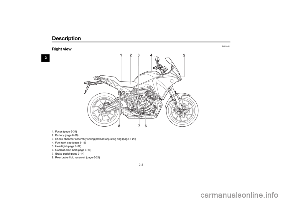 YAMAHA TRACER 700 2020  Owners Manual Description
2-2
2
EAU10421
Right view
2
1
5
6
7
83
4
1. Fuses (page 6-31)
2. Battery (page 6-29)
3. Shock absorber assembly spring preload adjusting ring (page 3-22)
4. Fuel tank cap (page 3-15)
5. He