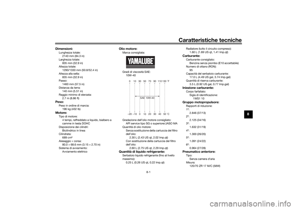 YAMAHA TRACER 700 2020  Manuale duso (in Italian) Caratteristiche tecniche
8-1
8
Dimensioni:Lunghezza totale:2140 mm (84.3 in)
Larghezza totale:
835 mm (32.9 in)
Altezza totale: 1290/1330 mm (50.8/52.4 in)
Altezza alla sella: 835 mm (32.9 in)
Passo:
