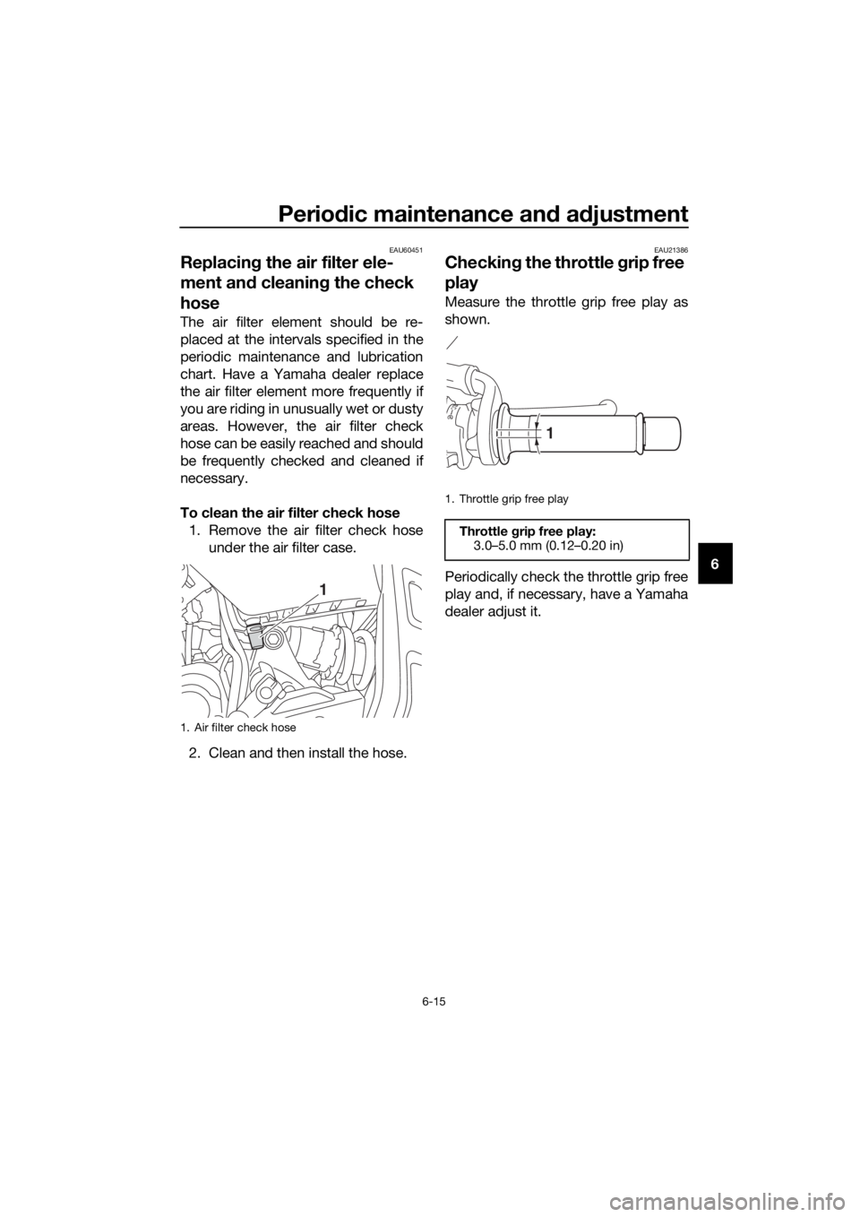 YAMAHA TRACER 700 2018 Repair Manual Periodic maintenance and adjustment
6-15
6
EAU60451
Replacing the air filter ele-
ment and cleaning the check 
hose
The air filter element should be re-
placed at the intervals specified in the
period