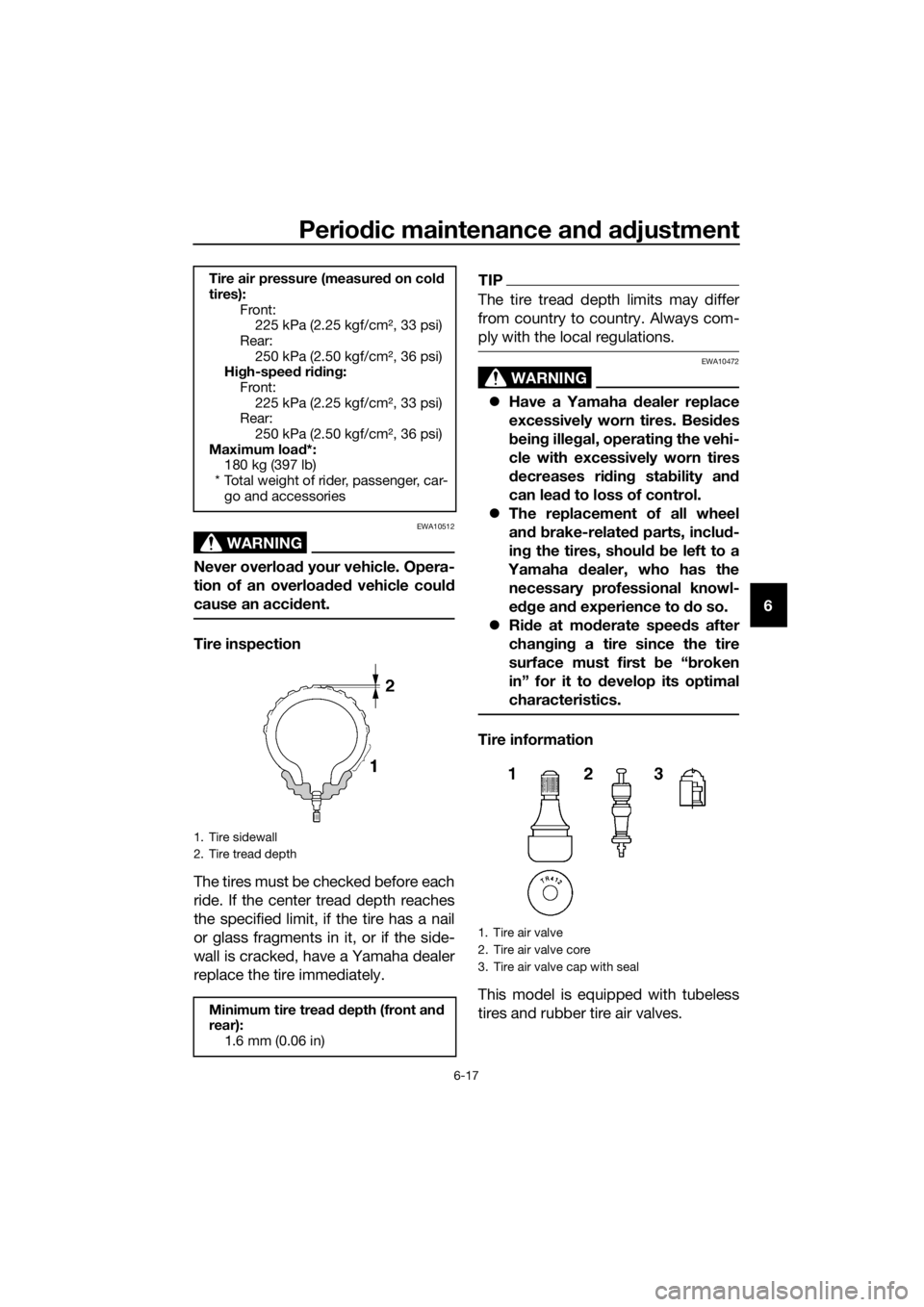 YAMAHA TRACER 700 2017  Owners Manual Periodic maintenance and adjustment
6-17
6
WARNING
EWA10512
Never overload your vehicle. Opera-
tion of an overloaded vehicle could
cause an accident.
Tire inspection
The tires must be checked before 
