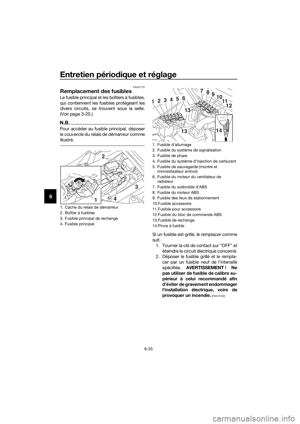 YAMAHA TRACER 700 2017  Notices Demploi (in French) Entretien périodique et réglage
6-35
6
FAU47175
Remplacement des fusibles
Le fusible principal et les boîtiers à fusibles,
qui contiennent les fusibles protégeant les
divers circuits, se trouvent