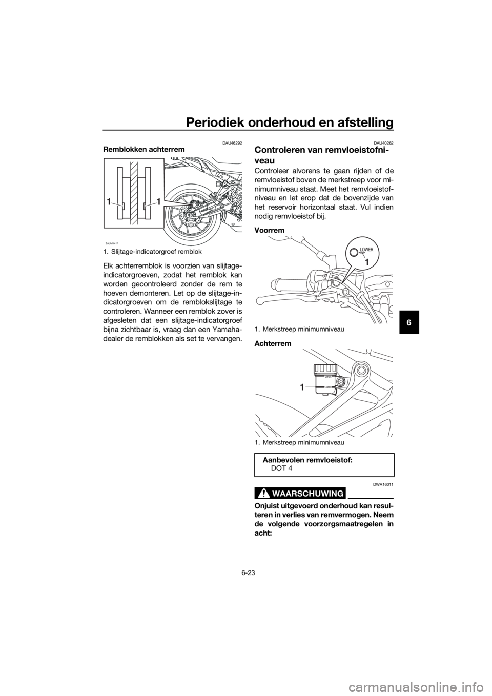 YAMAHA TRACER 700 2018  Instructieboekje (in Dutch) Periodiek onderhoud en afstelling
6-23
6
DAU46292Remblokken achterrem
Elk achterremblok is voorzien van slijtage-
indicatorgroeven, zodat het remblok kan
worden gecontroleerd zonder de rem te
hoeven d
