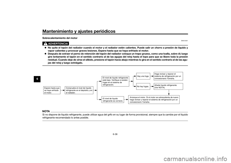 YAMAHA TRACER 900 2019  Manuale de Empleo (in Spanish) Mantenimiento y ajustes periódicos
6-38
6
Sobrecalentamiento  del motor
ADVERTENCIA
SWA10401
 No quite el tapón  del ra dia dor cuan do el motor y el ra dia dor estén calientes. Pue de salir un 