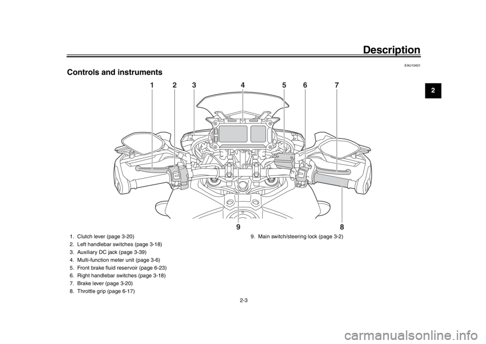 YAMAHA TRACER 900 2017 User Guide Description
2-3
123
4
5
6
7
8
9
10
11
12
EAU10431
Controls and instruments
12 56 7
4
3
8
9
1. Clutch lever (page 3-20)
2. Left handlebar switches (page 3-18)
3. Auxiliary DC jack (page 3-39)
4. Multi- YAMAHA TRACER 900 2017 User Guide Description
2-3
123
4
5
6
7
8
9
10
11
12
EAU10431
Controls and instruments
12 56 7
4
3
8
9
1. Clutch lever (page 3-20)
2. Left handlebar switches (page 3-18)
3. Auxiliary DC jack (page 3-39)
4. Multi-