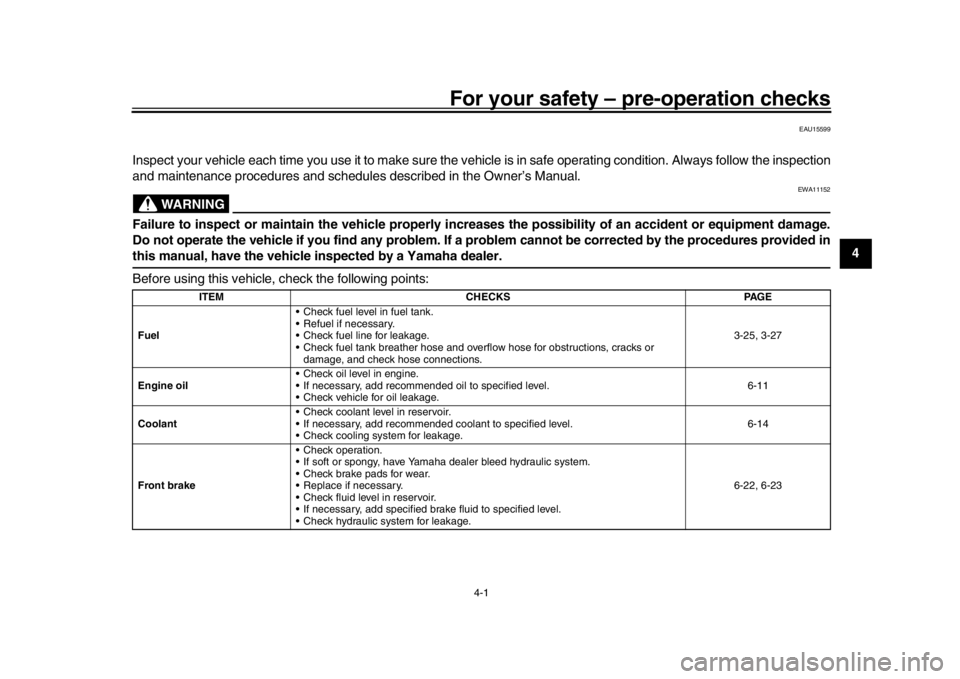 YAMAHA TRACER 900 2017  Owners Manual 4-1
1
2
345
6
7
8
9
10
11
12
For your safety – pre-operation checks
EAU15599
Inspect your vehicle each time you use it  to make sure the vehicle is in safe operating condition. Always follow the ins