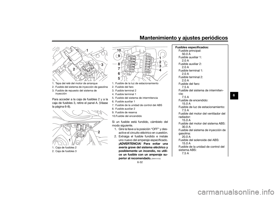 YAMAHA TRACER 900 2016 Manuale de Empleo (in Spanish) Mantenimiento y ajustes periódicos6-32
6
Para acceder a la caja de fusibles 2 y a la
caja de fusibles 3, retire el panel A. (Véase
la página 6-8).
Si un fusible está fundido, cámbielo del
modo si YAMAHA TRACER 900 2016 Manuale de Empleo (in Spanish) Mantenimiento y ajustes periódicos6-32
6
Para acceder a la caja de fusibles 2 y a la
caja de fusibles 3, retire el panel A. (Véase
la página 6-8).
Si un fusible está fundido, cámbielo del
modo si