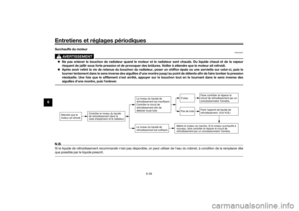 YAMAHA MT09 TRACER 2016  Notices Demploi (in French) Entretiens et réglages périodiques
6-39
6
Surchauffe  du moteur
AVERTISSEMENT
FWA10401
 Ne pas enlever le bouchon d e radiateur quan d le moteur et le ra diateur sont chau ds. Du liquid e chaud e