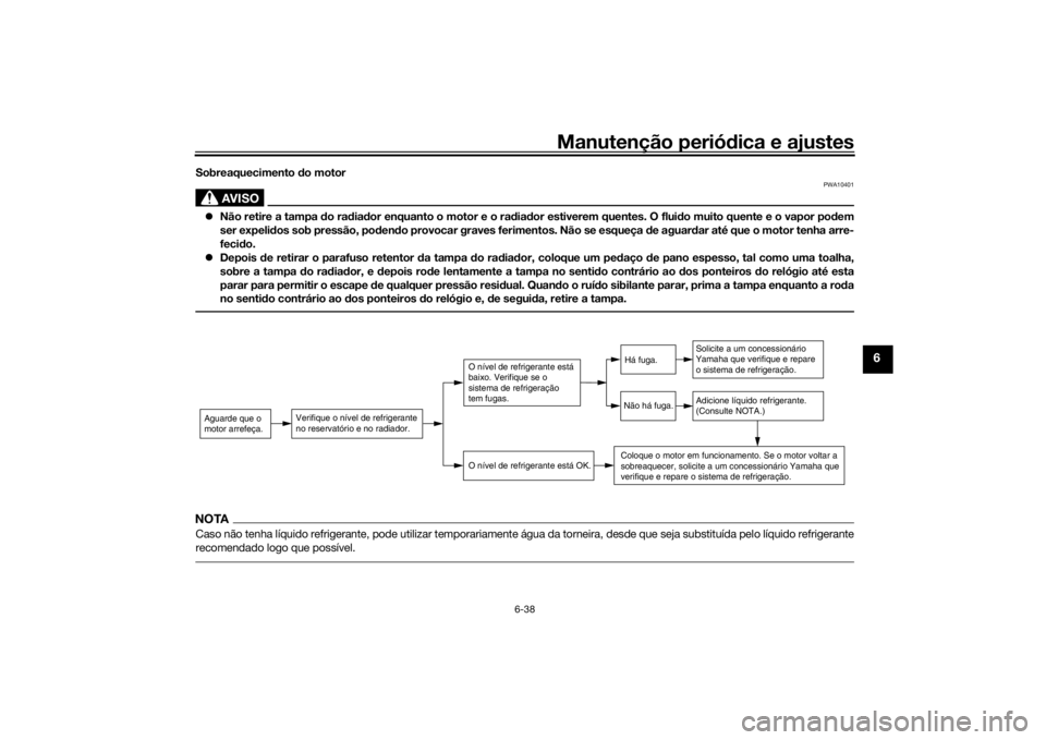 YAMAHA TRACER 900 2016  Manual de utilização (in Portuguese) Manutenção periódica e ajustes
6-38
6
Sobreaquecimento d o motor
AVISO
PWA10401
Não retire a tampa d o radia dor enquanto o motor e o rad iador estiverem quentes. O flui do muito quente e o vap