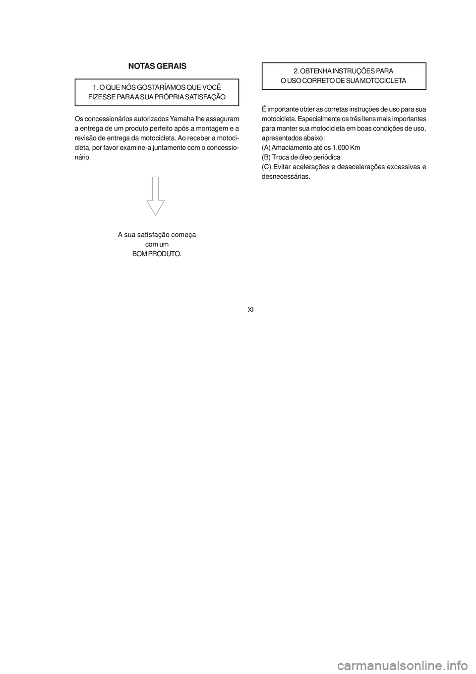 YAMAHA NEO115 2007  Manual de utilização (in Portuguese) XI
XI
NOTAS GERAIS
1. O QUE NÓS GOSTARÍAMOS QUE VOCÊ
FIZESSE PARA A SUA PRÓPRIA SATISFAÇÃO
Os concessionários autorizados Yamaha lhe asseguram
a entrega de um produto perfeito após a montagem 