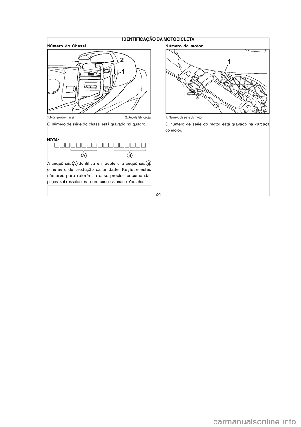 YAMAHA NEO115 2007  Manual de utilização (in Portuguese) 2-1
2-1
Número do Chassi
1. Número do chassi 2. Ano de fabricação
Número do motor
1. Número de série do motor
NOTA:
A sequência A identifica o modelo e a sequência B
o número de produção d