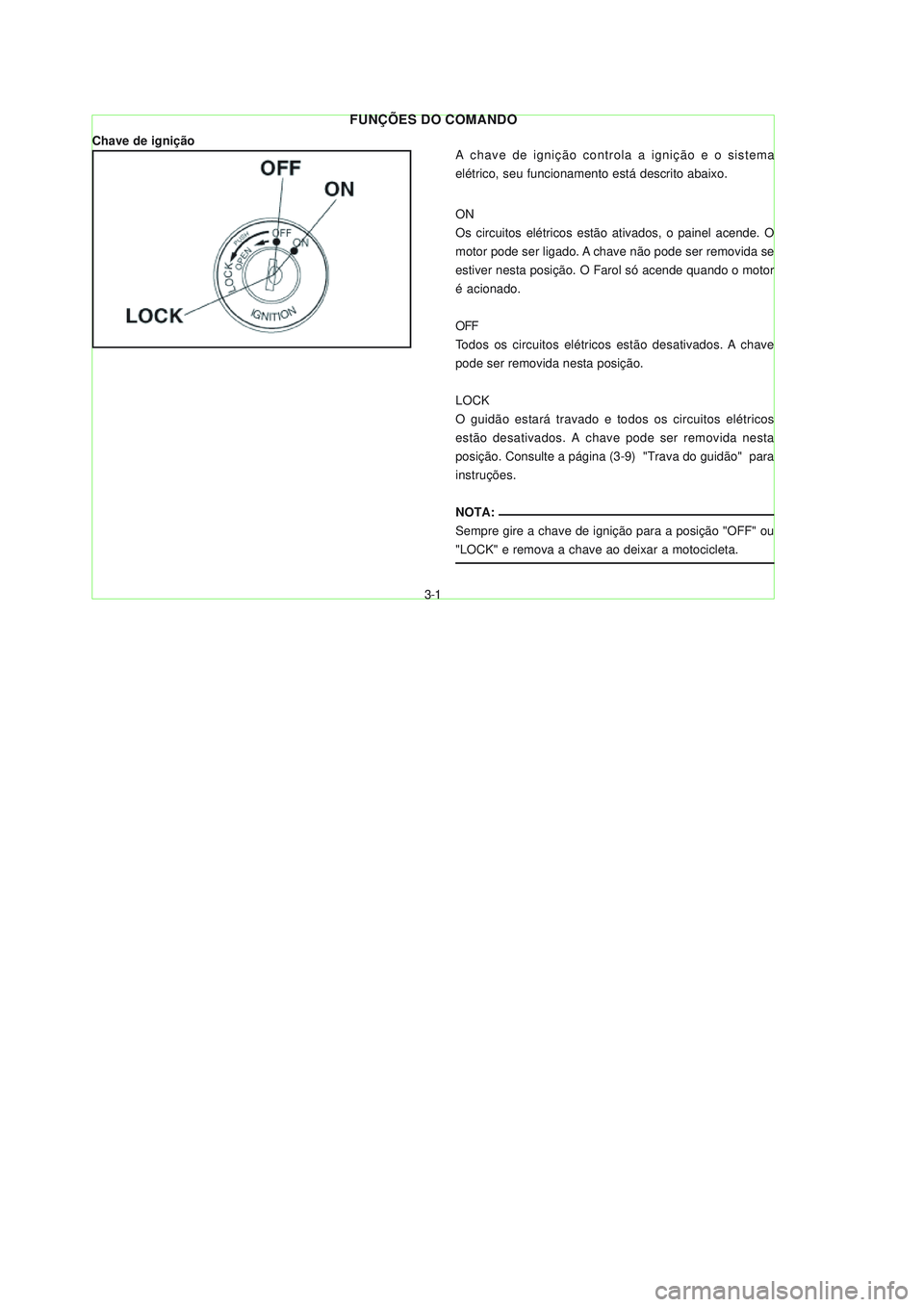 YAMAHA NEO115 2007  Manual de utilização (in Portuguese) 3-1
3-1
FUNÇÕES DO COMANDO
Chave de igniçãoA chave de ignição controla a ignição e o sistema
elétrico, seu funcionamento está descrito abaixo.
ON
Os circuitos elétricos estão ativados, o p