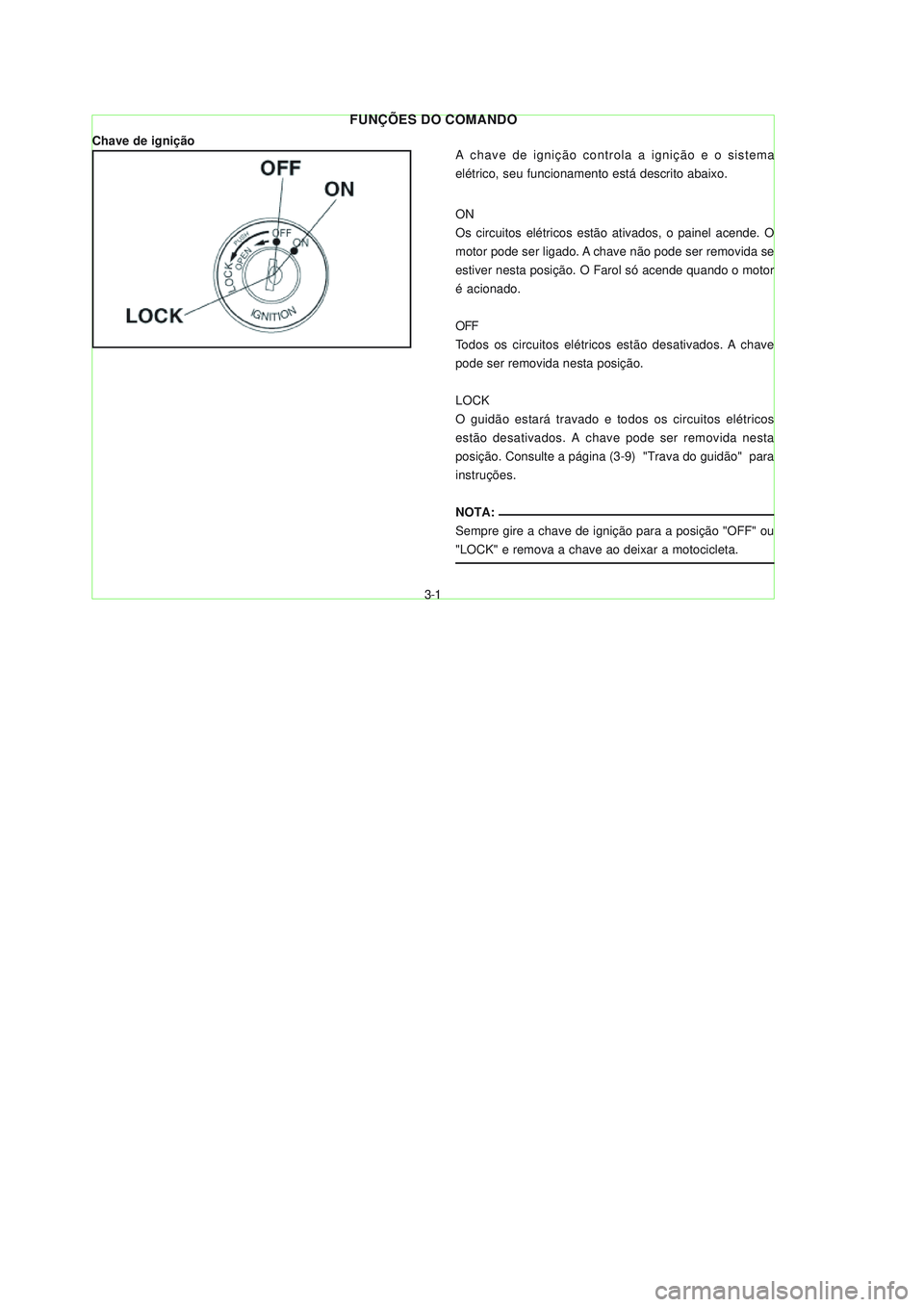 YAMAHA NEO115 2007  Manual de utilização (in Portuguese) 3-1
3-1
FUNÇÕES DO COMANDO
Chave de igniçãoA chave de ignição controla a ignição e o sistema
elétrico, seu funcionamento está descrito abaixo.
ON
Os circuitos elétricos estão ativados, o p