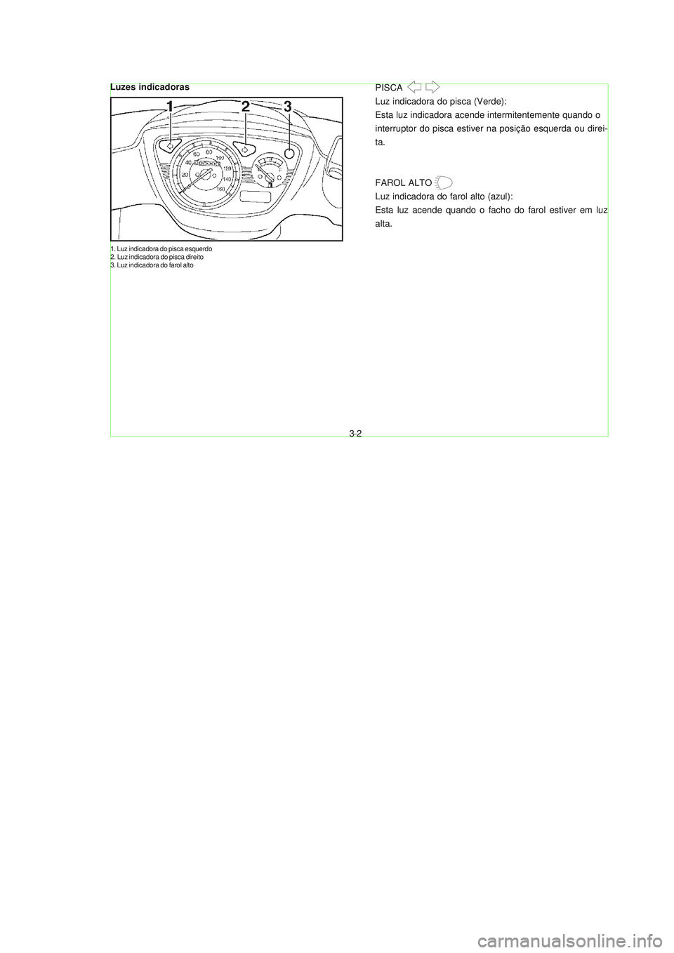 YAMAHA NEO115 2007  Manual de utilização (in Portuguese) 3-2
3-2
Luzes indicadoras
1. Luz indicadora do pisca esquerdo
2. Luz indicadora do pisca direito
3. Luz indicadora do farol alto
PISCA
Luz indicadora do pisca (Verde):
Esta luz indicadora acende inter