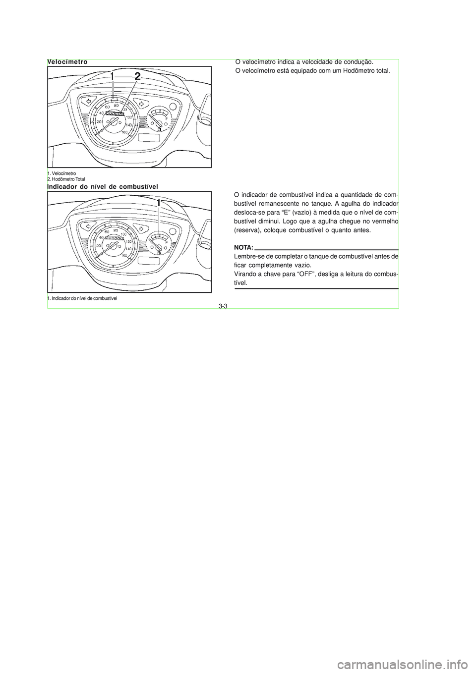 YAMAHA NEO115 2007  Manual de utilização (in Portuguese) 3-3
3-3
Velocímetro
O velocímetro indica a velocidade de condução.
O velocímetro está equipado com um Hodômetro total.
1. Velocímetro
2. Hodômetro Total
Indicador do nível de combustível
O 