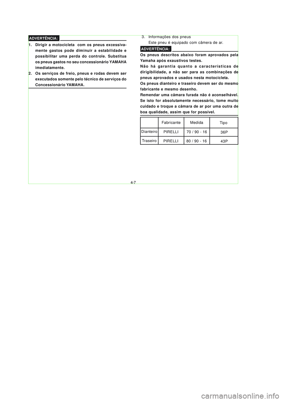 YAMAHA NEO115 2007  Manual de utilização (in Portuguese) 4-7
4-7
Os pneus descritos abaixo foram aprovados pela
Yamaha após exaustivos testes.
Não há garantia quanto a características de
dirigibilidade, a não ser para as combinações de
pneus aprovado