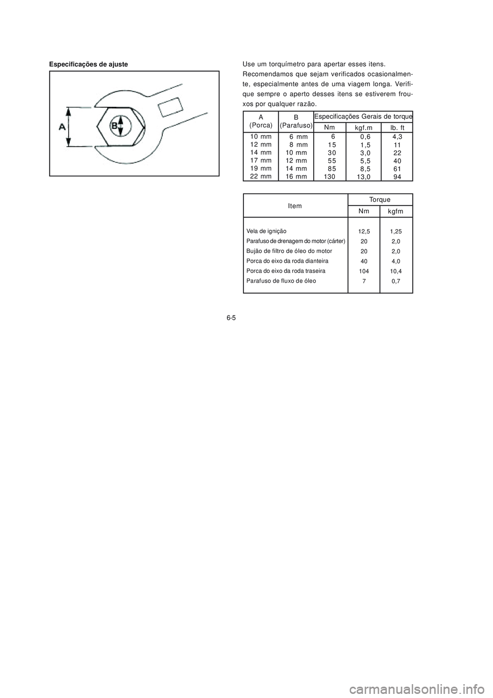 YAMAHA NEO115 2007  Manual de utilização (in Portuguese) 6-5
6-5
Use um torquímetro para apertar esses itens.
Recomendamos que sejam verificados ocasionalmen-
te, especialmente antes de uma viagem longa. Verifi-
que sempre o aperto desses itens se estivere