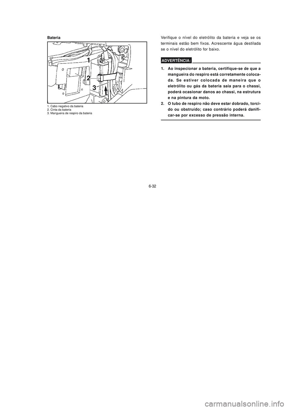 YAMAHA NEO115 2007 Manual de utilização (in Portuguese) 6-32
6-32 BateriaVerifique o nível do eletrólito da bateria e veja se os
terminais estão bem fixos. Acrescente água destilada
se o nível do eletrólito for baixo.
1. Ao inspecionar a bateria, cer YAMAHA NEO115 2007 Manual de utilização (in Portuguese) 6-32
6-32 BateriaVerifique o nível do eletrólito da bateria e veja se os
terminais estão bem fixos. Acrescente água destilada
se o nível do eletrólito for baixo.
1. Ao inspecionar a bateria, cer