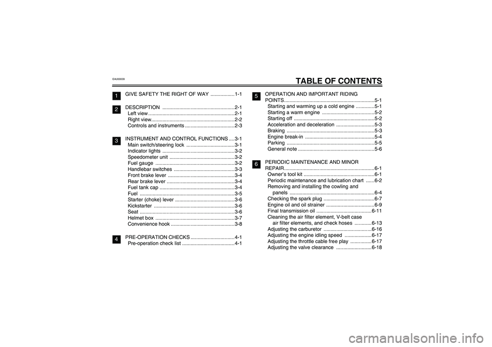 YAMAHA NEO115 2002  Owners Manual EAU00009
TABLE OF CONTENTS
GIVE SAFETY THE RIGHT OF WAY  .................1-1
DESCRIPTION ...................................................2-1
Left view .............................................