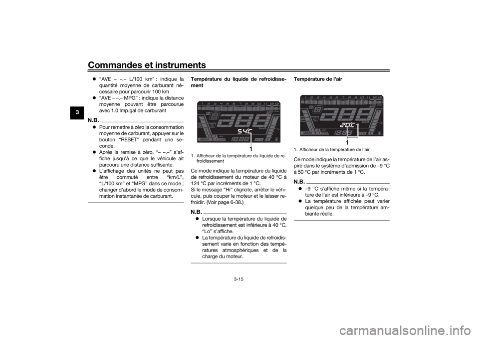 YAMAHA NIKEN 2020 Notices Demploi (in French) Commandes et instruments
3-15
3
“AVE – –.– L/100 km” : indique la
quantité moyenne de carburant né-
cessaire pour parcourir 100 km
“AVE – –.– MPG” : indique la distance
m YAMAHA NIKEN 2020 Notices Demploi (in French) Commandes et instruments
3-15
3
“AVE – –.– L/100 km” : indique la
quantité moyenne de carburant né-
cessaire pour parcourir 100 km
“AVE – –.– MPG” : indique la distance
m